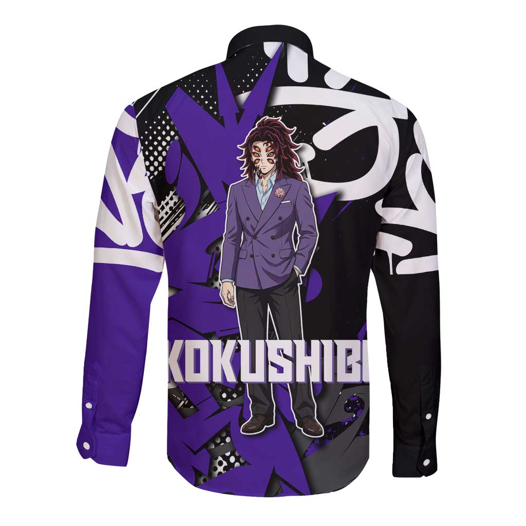 Kokushibo Demon Slayer Long Sleeve Button Shirt Purple & Black Graffiti Anime