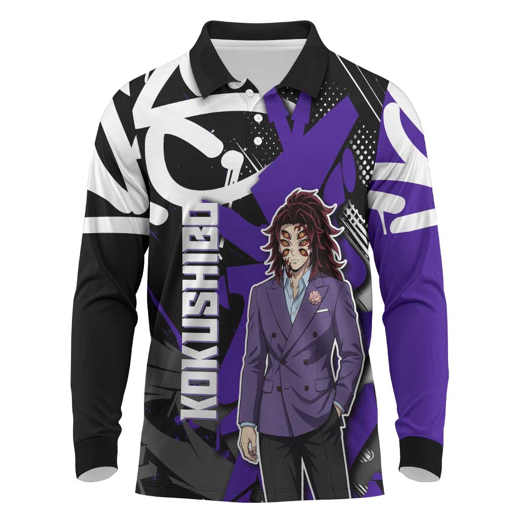 Kokushibo Demon Slayer Long Sleeve Polo Shirt Purple & Black Graffiti Anime