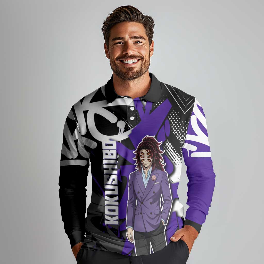 Kokushibo Demon Slayer Long Sleeve Polo Shirt Purple & Black Graffiti Anime