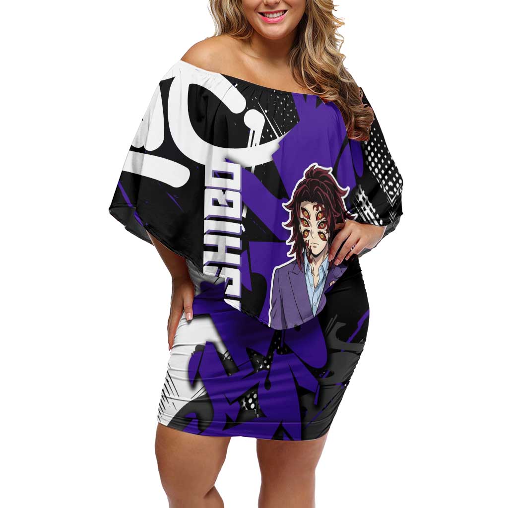 Kokushibo Demon Slayer Off Shoulder Short Dress Purple & Black Graffiti Anime