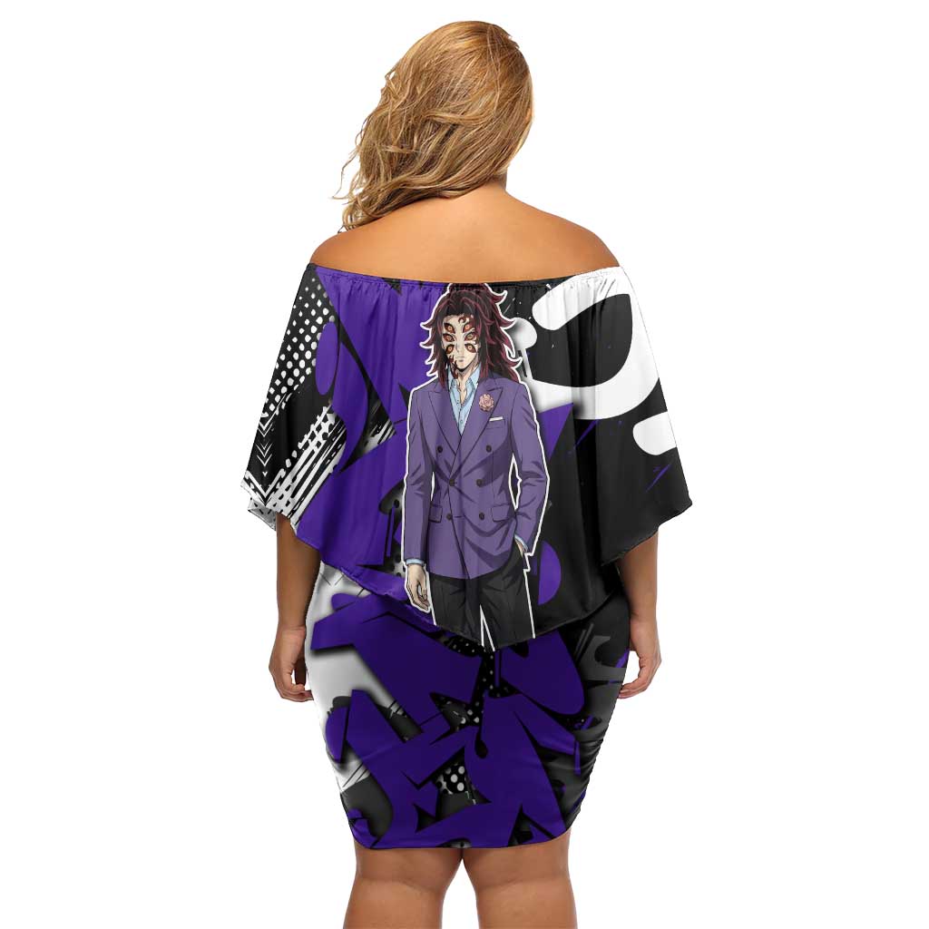 Kokushibo Demon Slayer Off Shoulder Short Dress Purple & Black Graffiti Anime