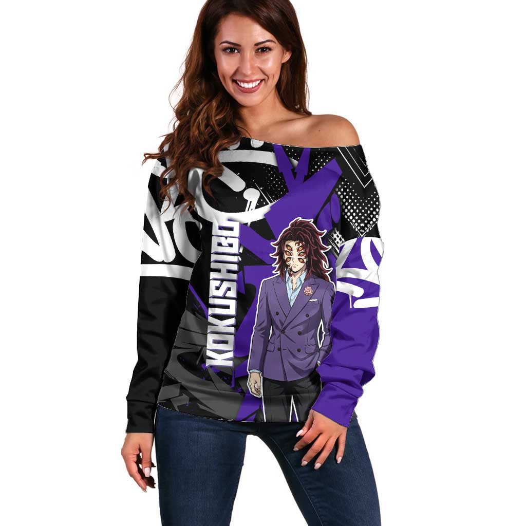 Kokushibo Demon Slayer Off Shoulder Sweater Purple & Black Graffiti Anime