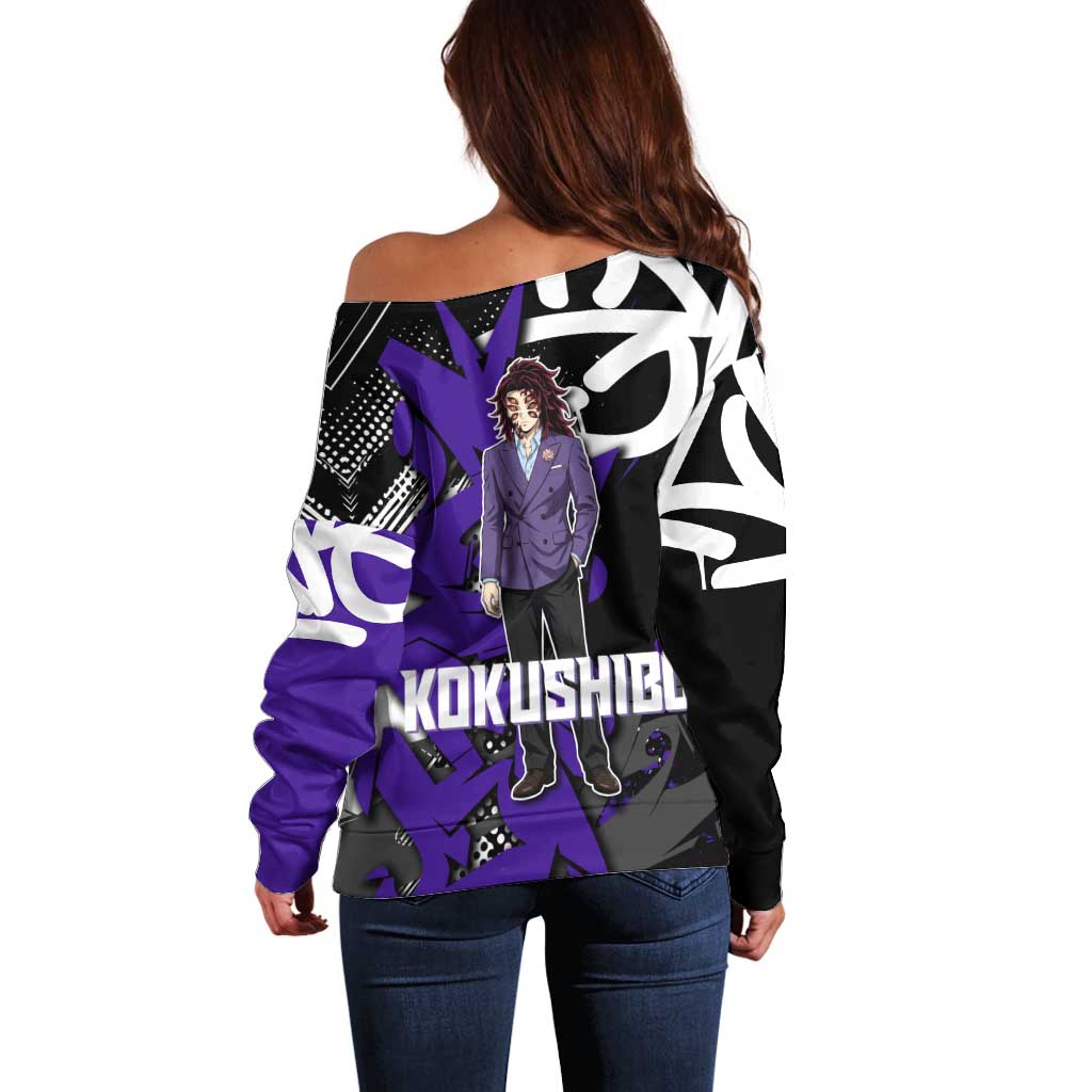 Kokushibo Demon Slayer Off Shoulder Sweater Purple & Black Graffiti Anime