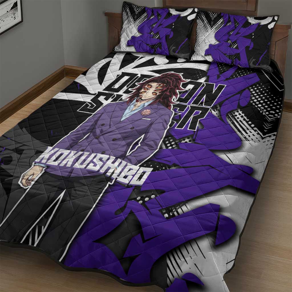 Kokushibo Demon Slayer Quilt Bed Set Purple & Black Graffiti Anime