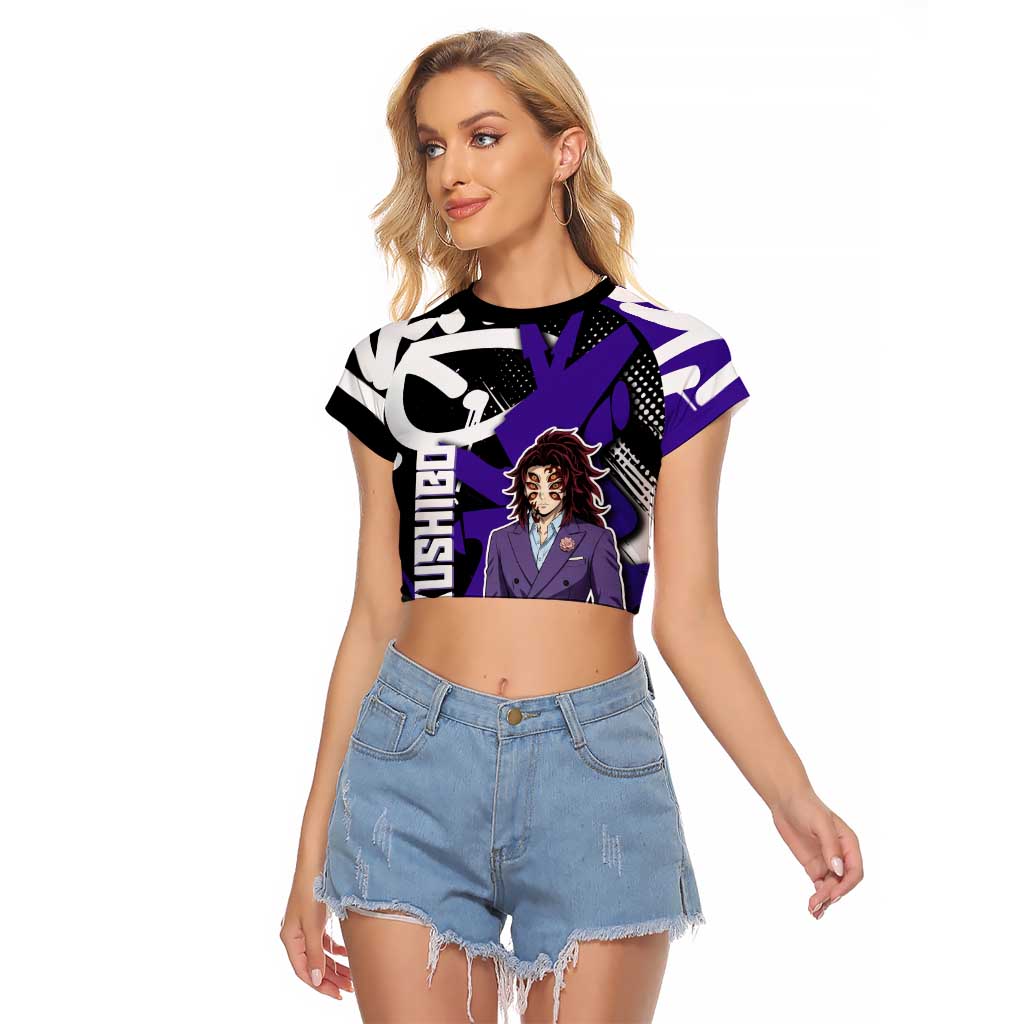 Kokushibo Demon Slayer Raglan Cropped T Shirt Purple & Black Graffiti Anime