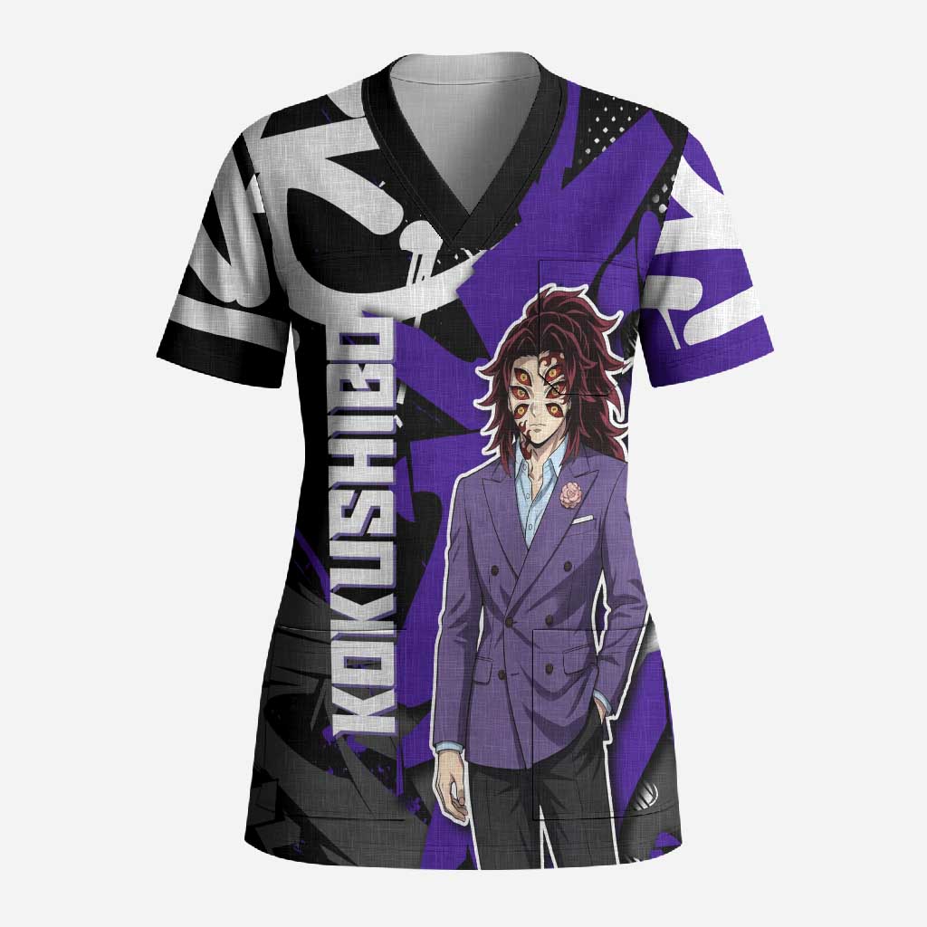 Kokushibo Demon Slayer Scrub Top Purple & Black Graffiti Anime