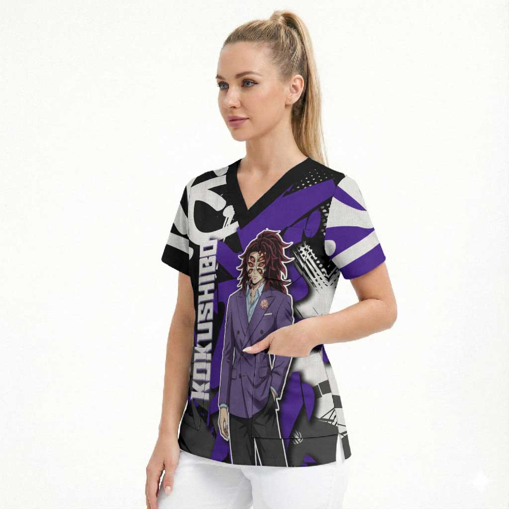 Kokushibo Demon Slayer Scrub Top Purple & Black Graffiti Anime
