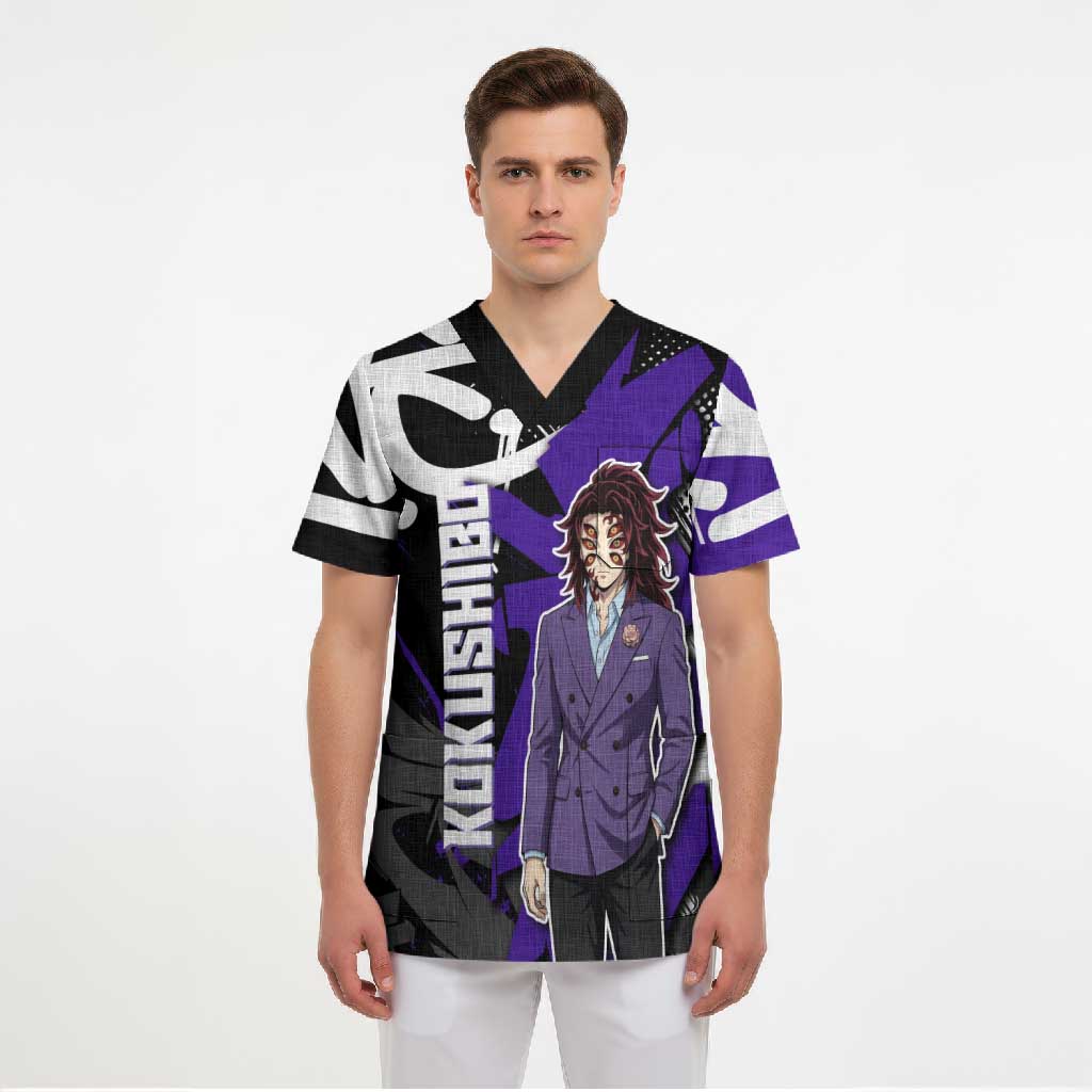 Kokushibo Demon Slayer Scrub Top Purple & Black Graffiti Anime