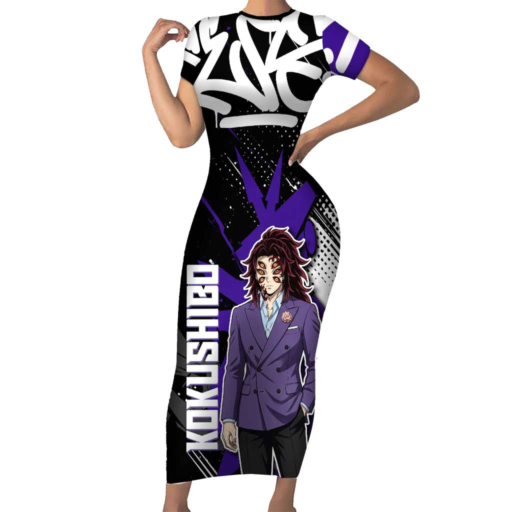 Kokushibo Demon Slayer Short Sleeve Bodycon Dress Purple & Black Graffiti Anime