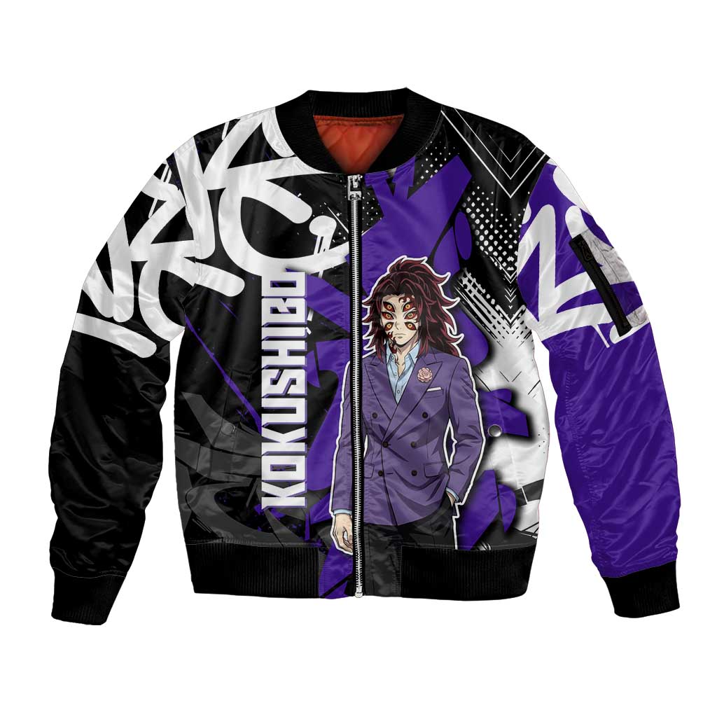 Kokushibo Demon Slayer Sleeve Zip Bomber Jacket Purple & Black Graffiti Anime
