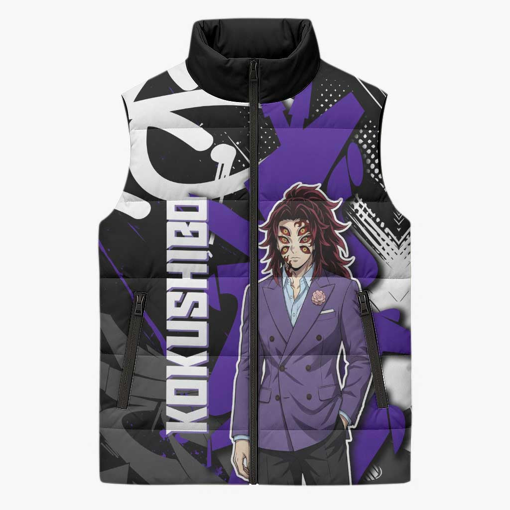 Kokushibo Demon Slayer Sleeveless Puffer Jacket Purple & Black Graffiti Anime