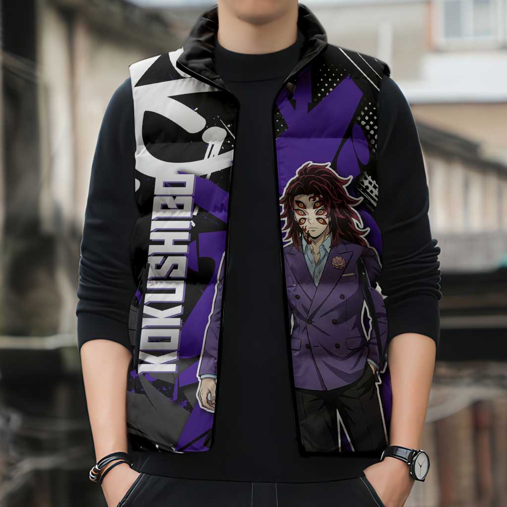 Kokushibo Demon Slayer Sleeveless Puffer Jacket Purple & Black Graffiti Anime