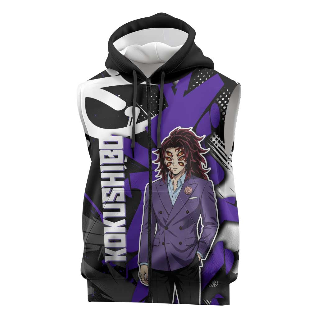 Kokushibo Demon Slayer Sleeveless Zip Hoodie Purple & Black Graffiti Anime