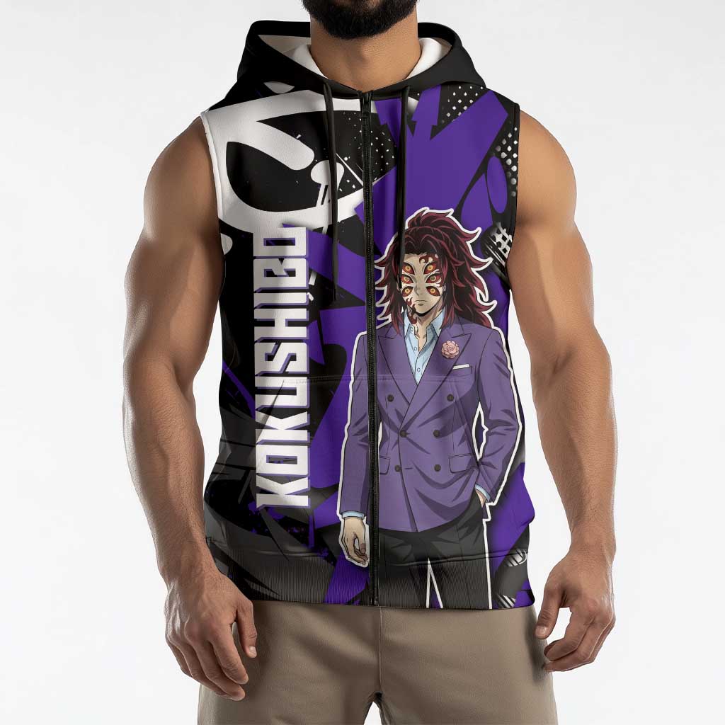 Kokushibo Demon Slayer Sleeveless Zip Hoodie Purple & Black Graffiti Anime
