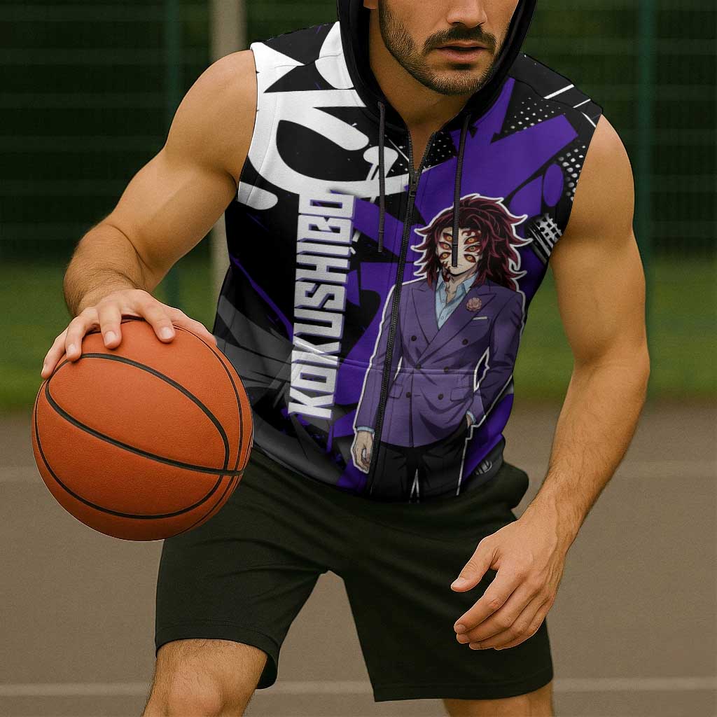 Kokushibo Demon Slayer Sleeveless Zip Hoodie Purple & Black Graffiti Anime