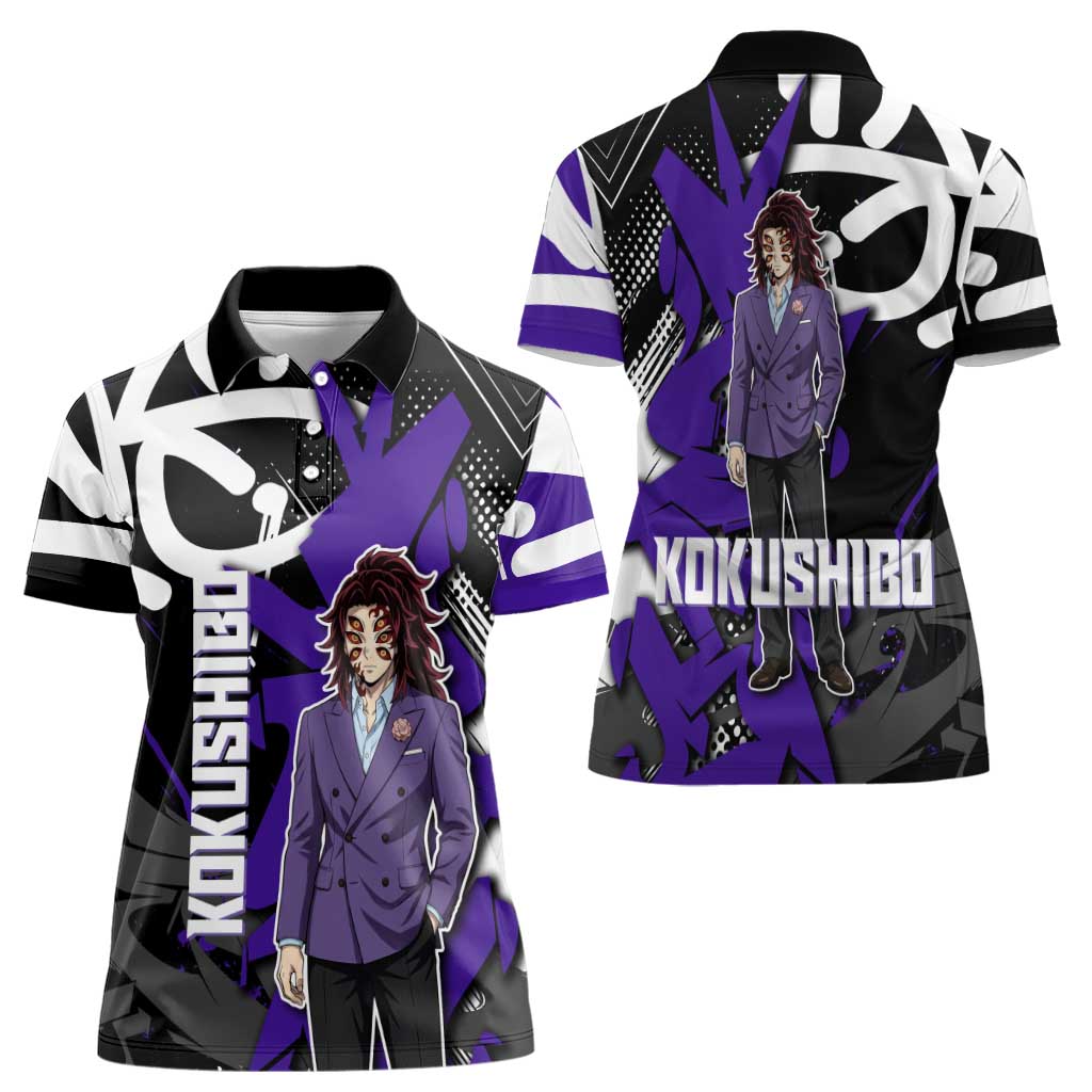Kokushibo Demon Slayer Women Polo Shirt Purple & Black Graffiti Anime