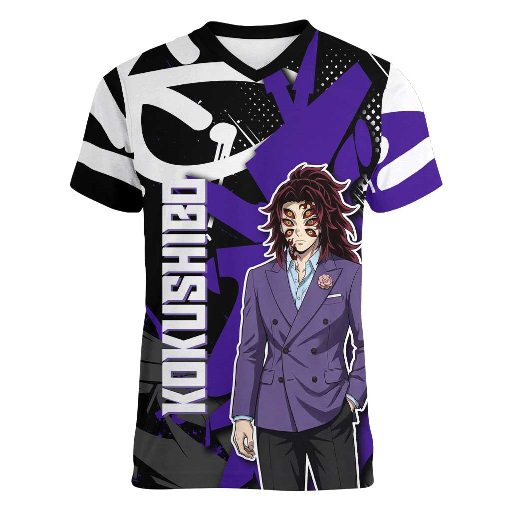 Kokushibo Demon Slayer Women V-Neck T-Shirt Purple & Black Graffiti Anime