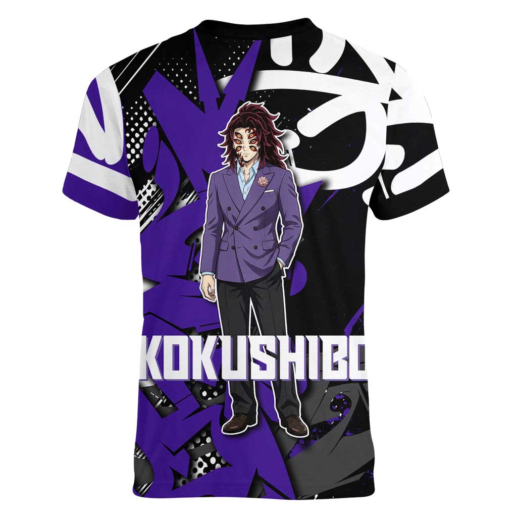 Kokushibo Demon Slayer Women V-Neck T-Shirt Purple & Black Graffiti Anime