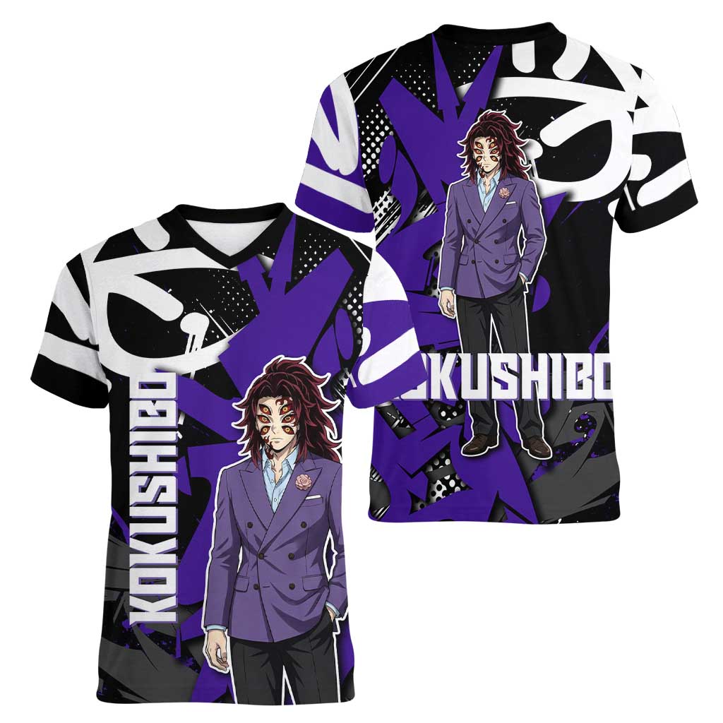 Kokushibo Demon Slayer Women V-Neck T-Shirt Purple & Black Graffiti Anime