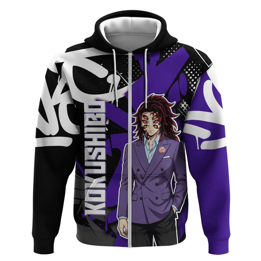 Kokushibo Demon Slayer Zip Hoodie Purple & Black Graffiti Anime