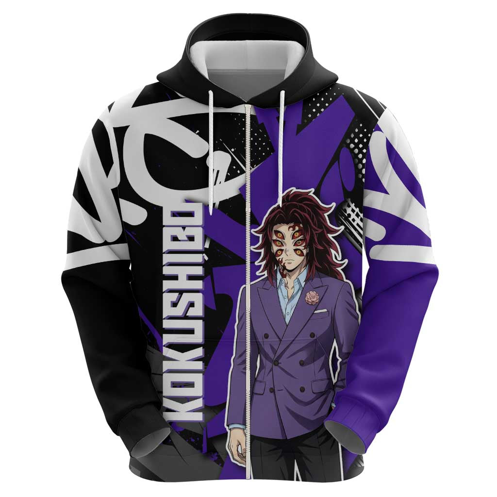 Kokushibo Demon Slayer Zip Hoodie Purple & Black Graffiti Anime