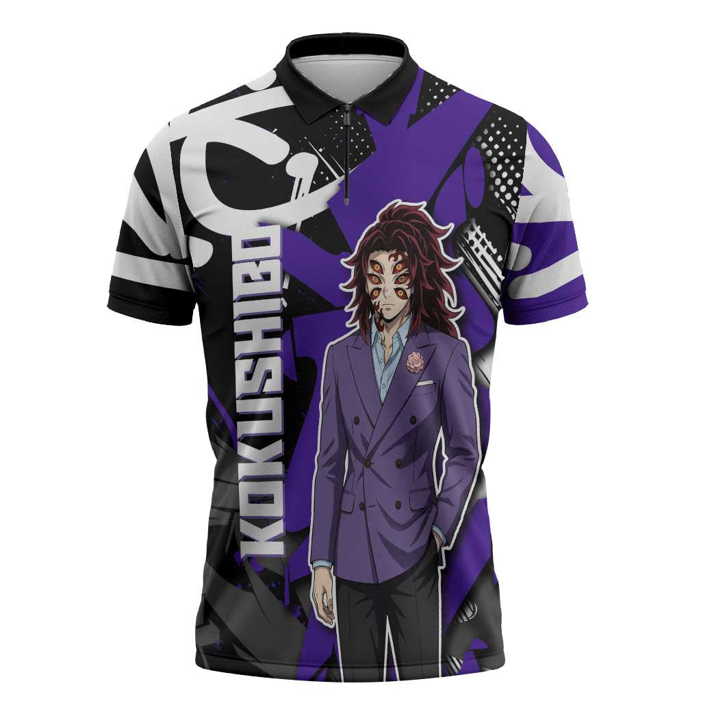 Kokushibo Demon Slayer Zipper Polo Shirt Purple & Black Graffiti Anime