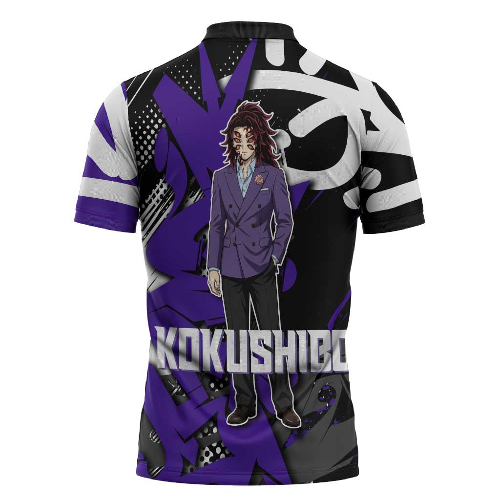 Kokushibo Demon Slayer Zipper Polo Shirt Purple & Black Graffiti Anime