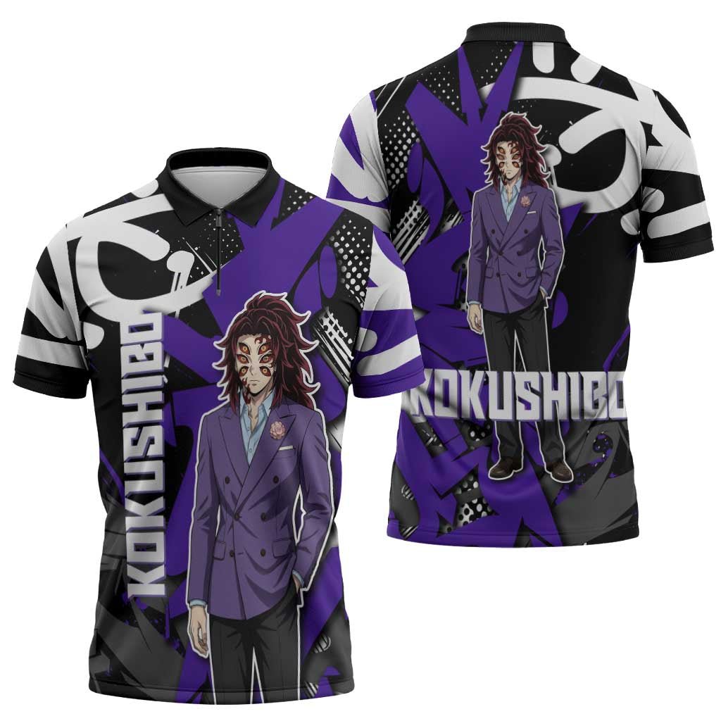Kokushibo Demon Slayer Zipper Polo Shirt Purple & Black Graffiti Anime