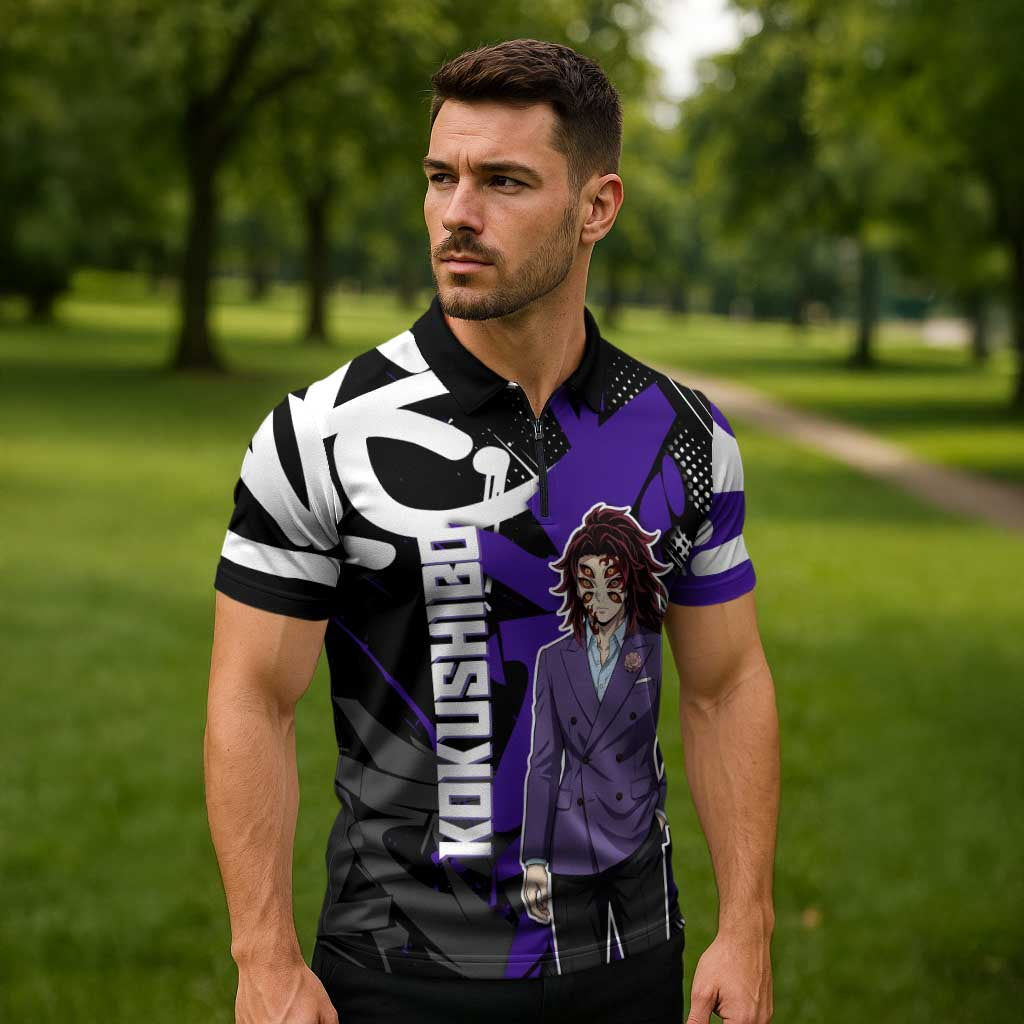 Kokushibo Demon Slayer Zipper Polo Shirt Purple & Black Graffiti Anime
