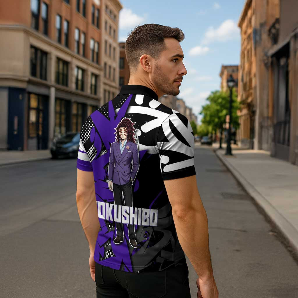 Kokushibo Demon Slayer Zipper Polo Shirt Purple & Black Graffiti Anime