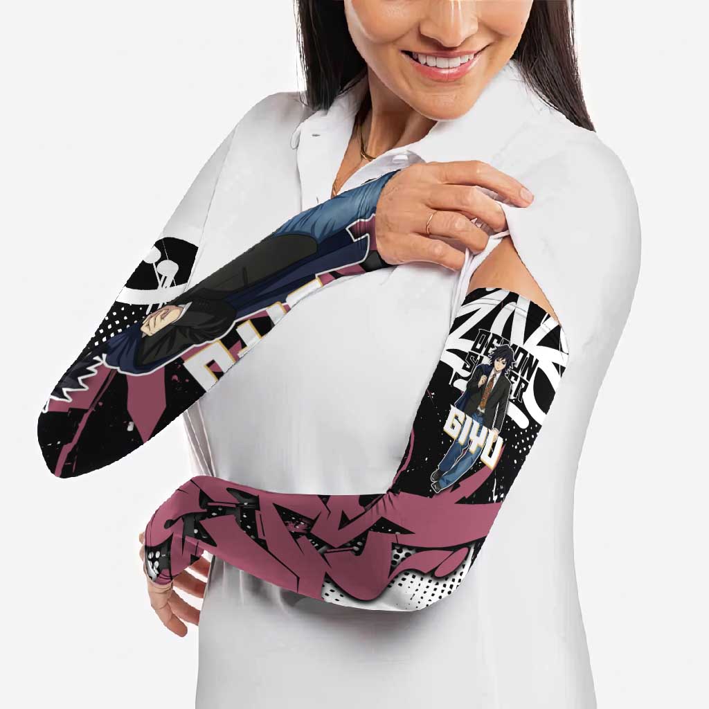 Giyu Tomioka Demon Slayer Arm Sleeves Red & Black Graffiti Anime