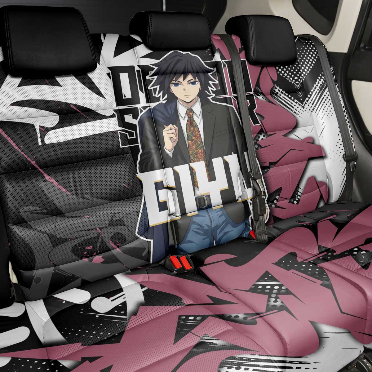 Giyu Tomioka Demon Slayer Back Car Seat Cover Red & Black Graffiti Anime