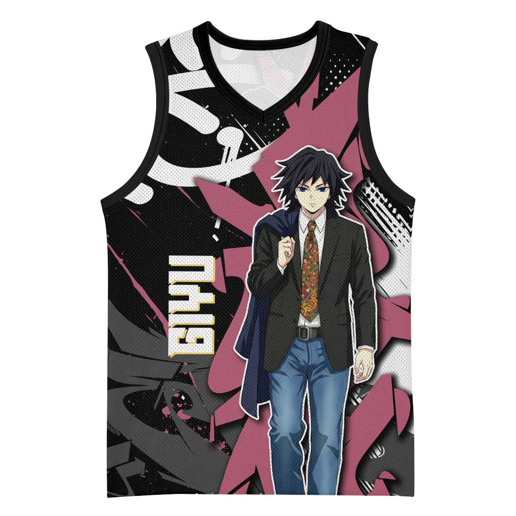 Giyu Tomioka Demon Slayer Basketball Jersey Red & Black Graffiti Anime