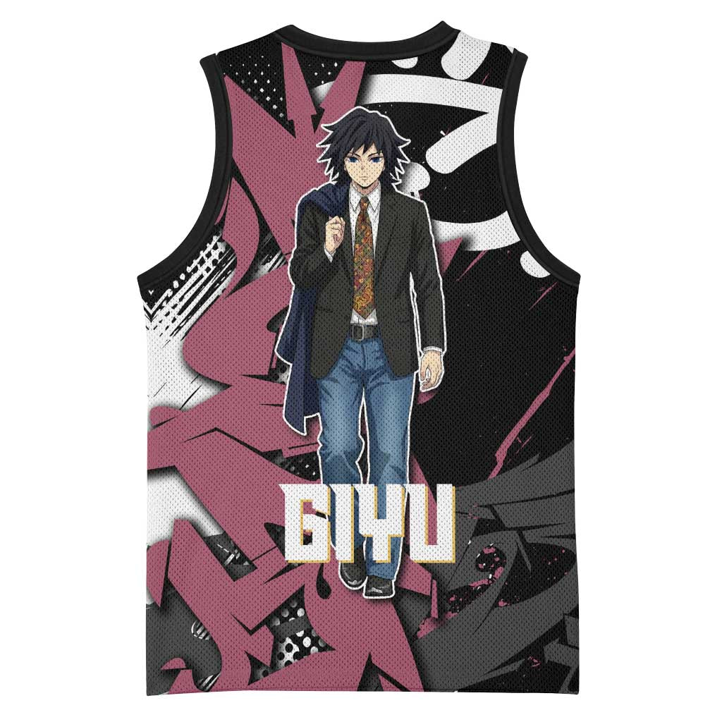 Giyu Tomioka Demon Slayer Basketball Jersey Red & Black Graffiti Anime