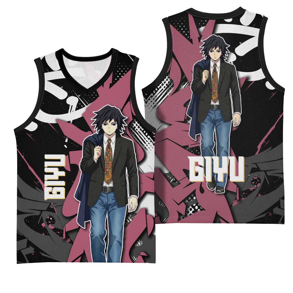Giyu Tomioka Demon Slayer Basketball Jersey Red & Black Graffiti Anime