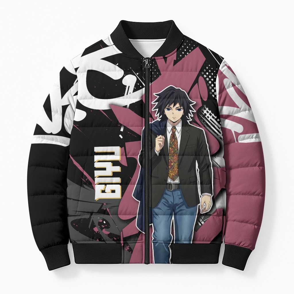 Giyu Tomioka Demon Slayer Bomber Puffer Jacket Red & Black Graffiti Anime