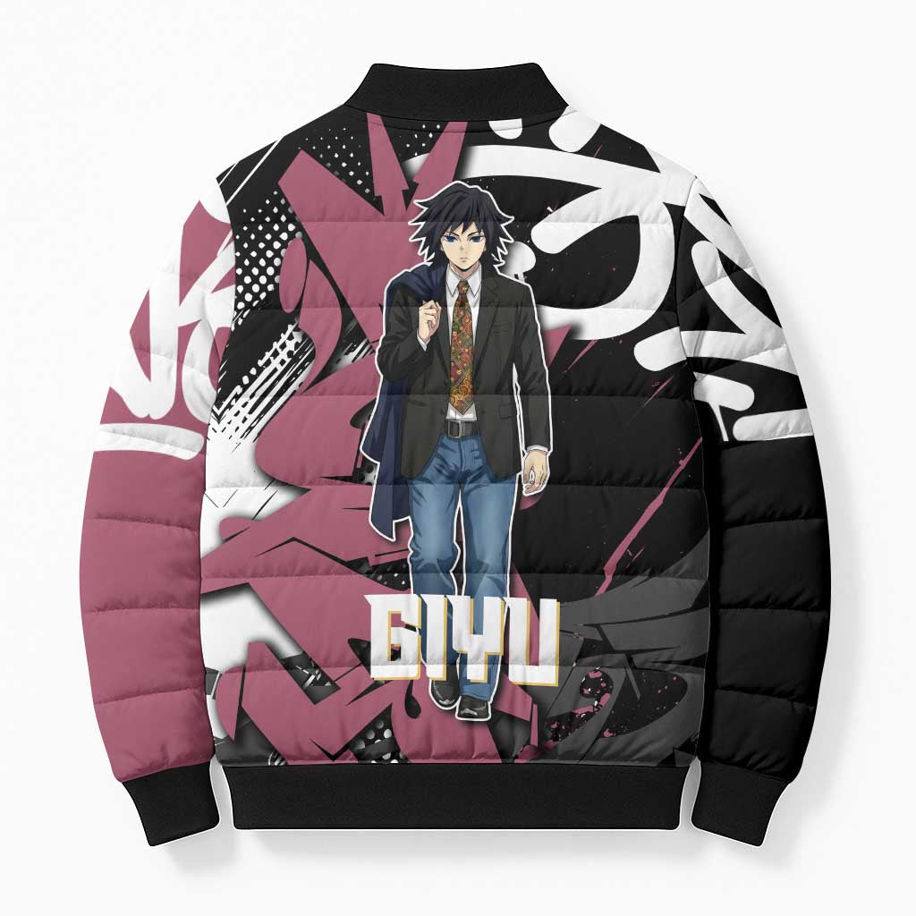 Giyu Tomioka Demon Slayer Bomber Puffer Jacket Red & Black Graffiti Anime