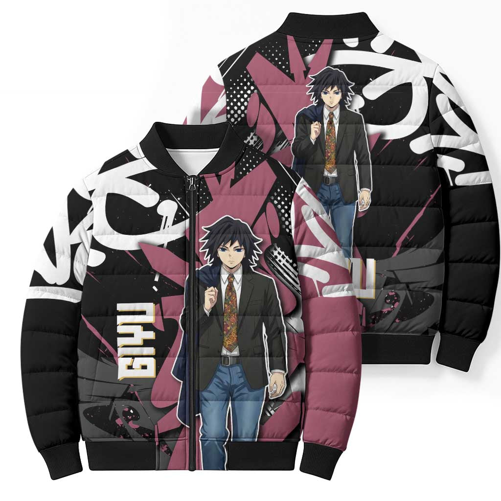 Giyu Tomioka Demon Slayer Bomber Puffer Jacket Red & Black Graffiti Anime