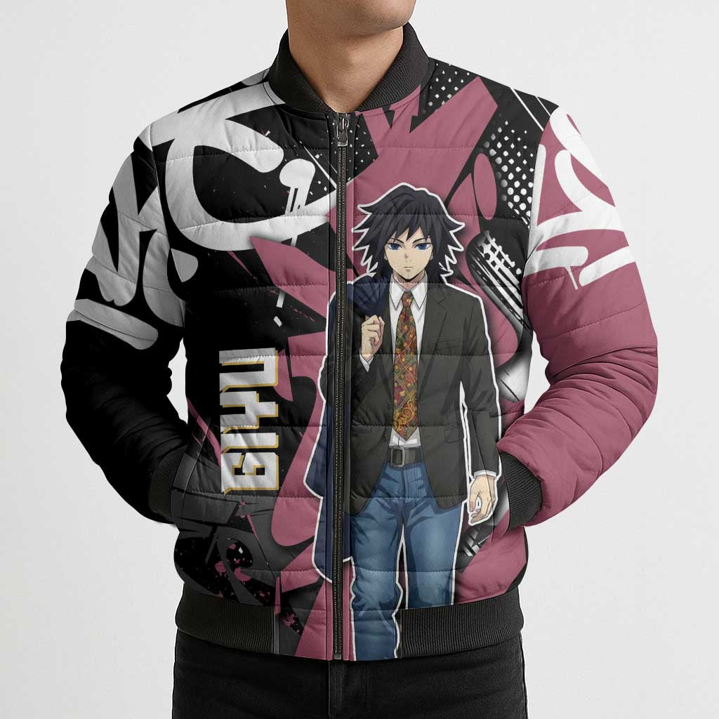 Giyu Tomioka Demon Slayer Bomber Puffer Jacket Red & Black Graffiti Anime