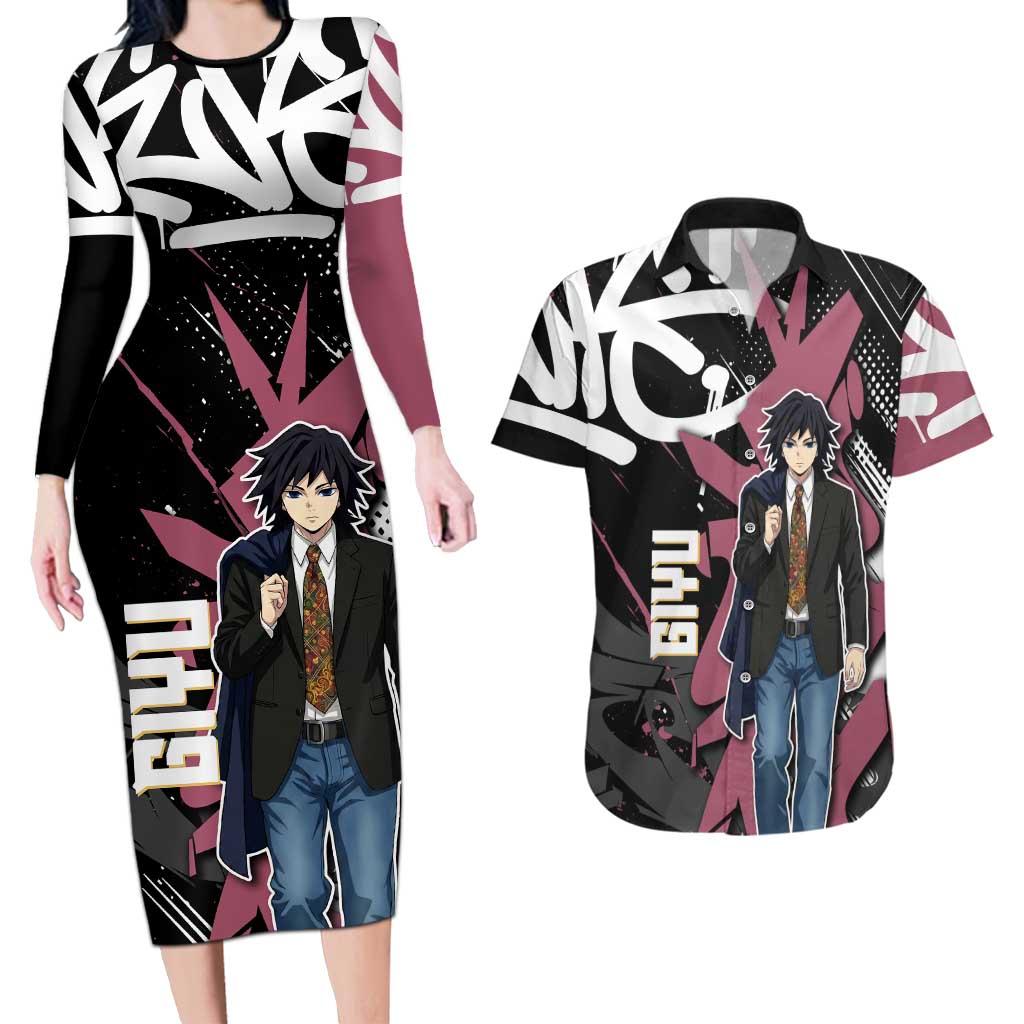 Giyu Tomioka Demon Slayer Couples Matching Long Sleeve Bodycon Dress and Hawaiian Shirt Red & Black Graffiti Anime