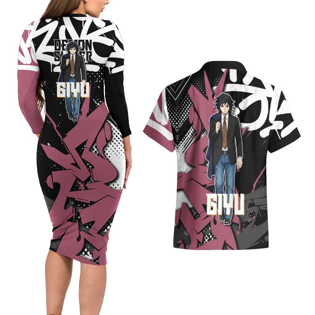 Giyu Tomioka Demon Slayer Couples Matching Long Sleeve Bodycon Dress and Hawaiian Shirt Red & Black Graffiti Anime
