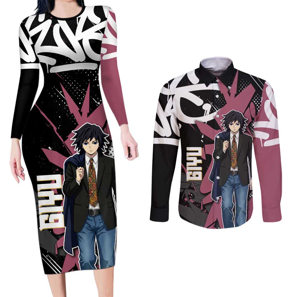 Giyu Tomioka Demon Slayer Couples Matching Long Sleeve Bodycon Dress and Long Sleeve Button Shirt Red & Black Graffiti Anime