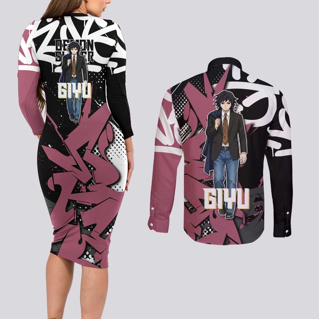 Giyu Tomioka Demon Slayer Couples Matching Long Sleeve Bodycon Dress and Long Sleeve Button Shirt Red & Black Graffiti Anime