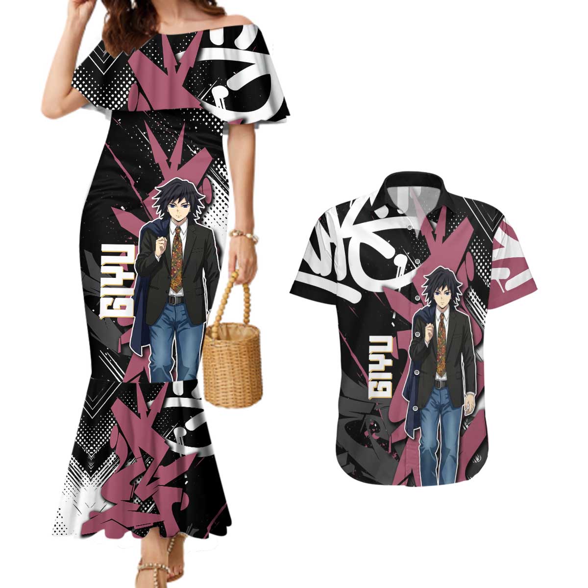 Giyu Tomioka Demon Slayer Couples Matching Mermaid Dress and Hawaiian Shirt Red & Black Graffiti Anime