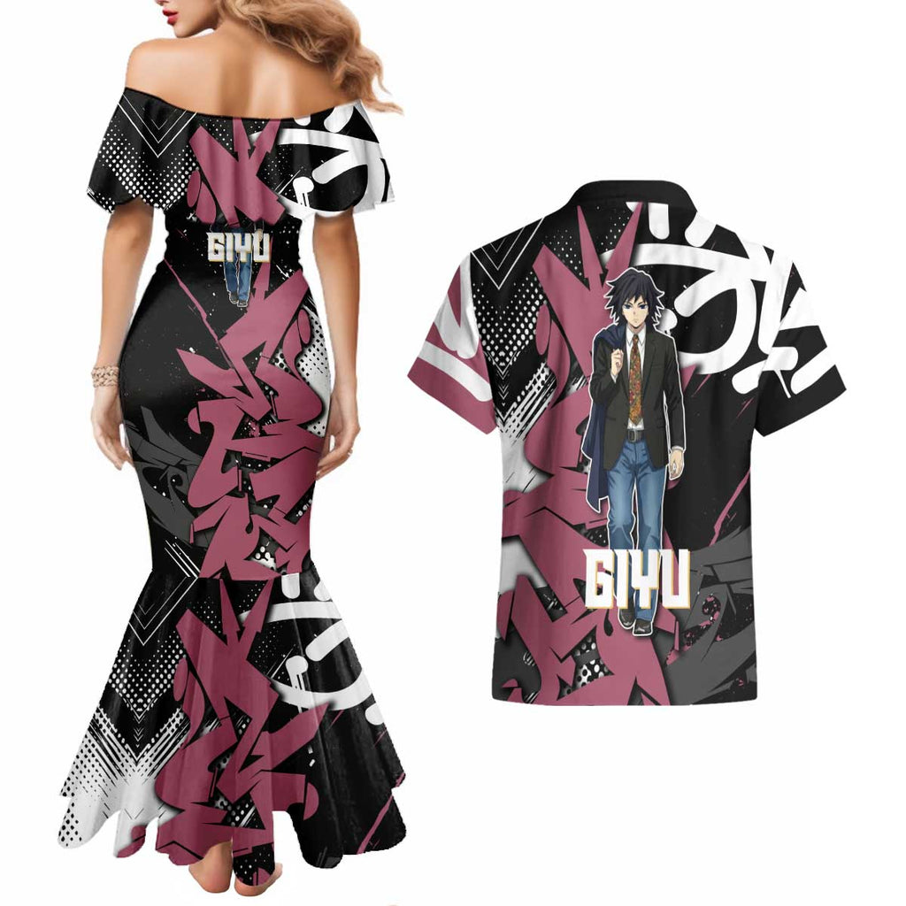 Giyu Tomioka Demon Slayer Couples Matching Mermaid Dress and Hawaiian Shirt Red & Black Graffiti Anime