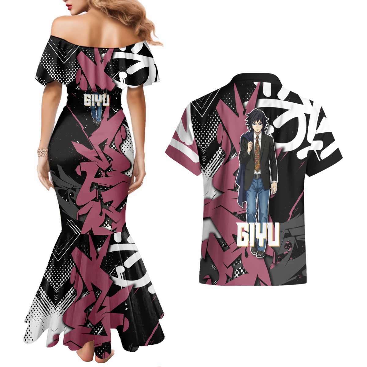 Giyu Tomioka Demon Slayer Couples Matching Mermaid Dress and Hawaiian Shirt Red & Black Graffiti Anime