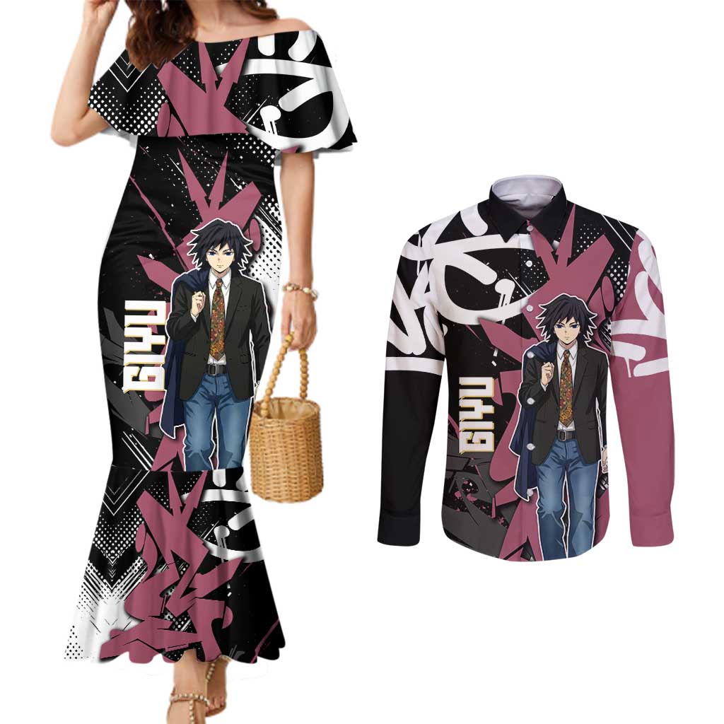 Giyu Tomioka Demon Slayer Couples Matching Mermaid Dress and Long Sleeve Button Shirt Red & Black Graffiti Anime