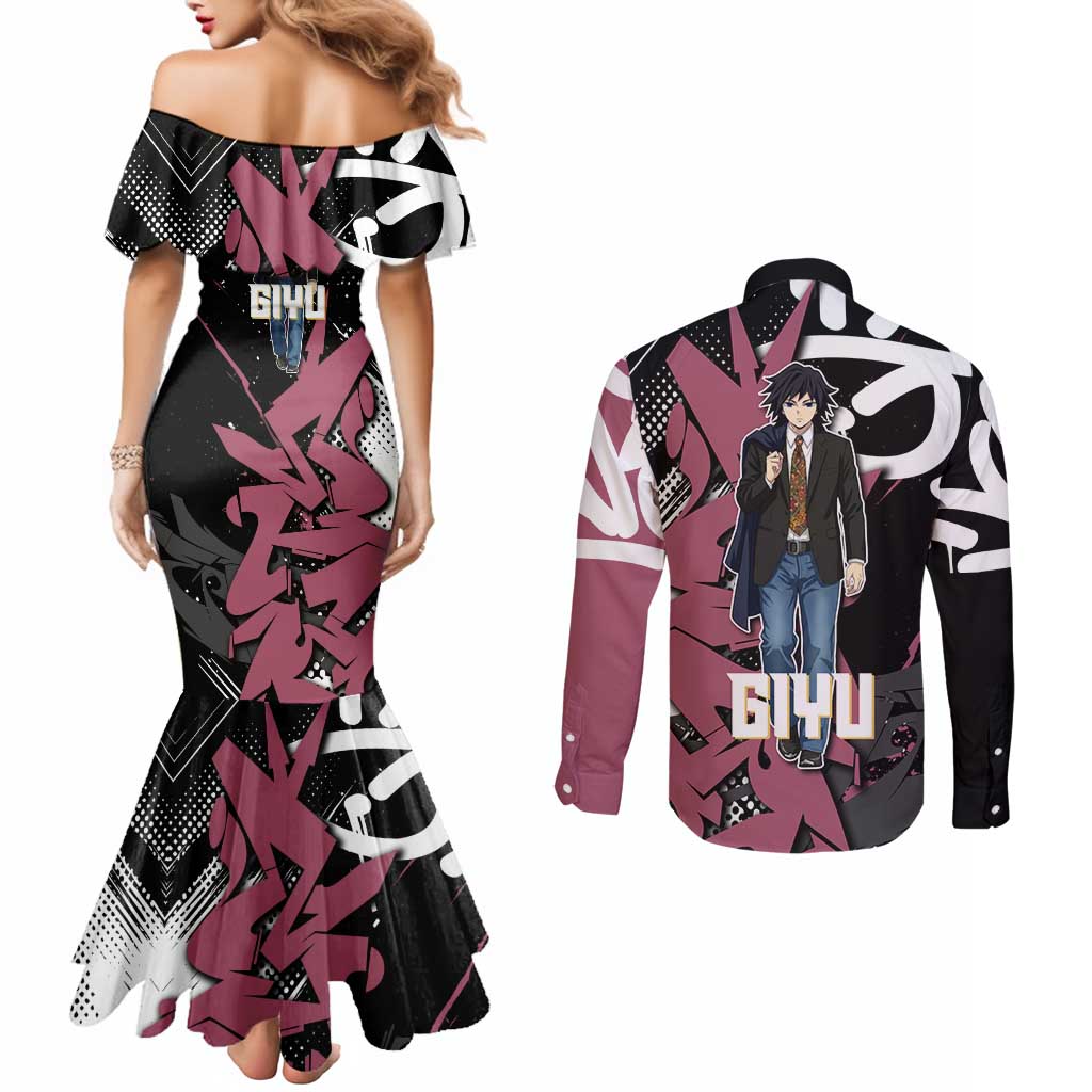 Giyu Tomioka Demon Slayer Couples Matching Mermaid Dress and Long Sleeve Button Shirt Red & Black Graffiti Anime