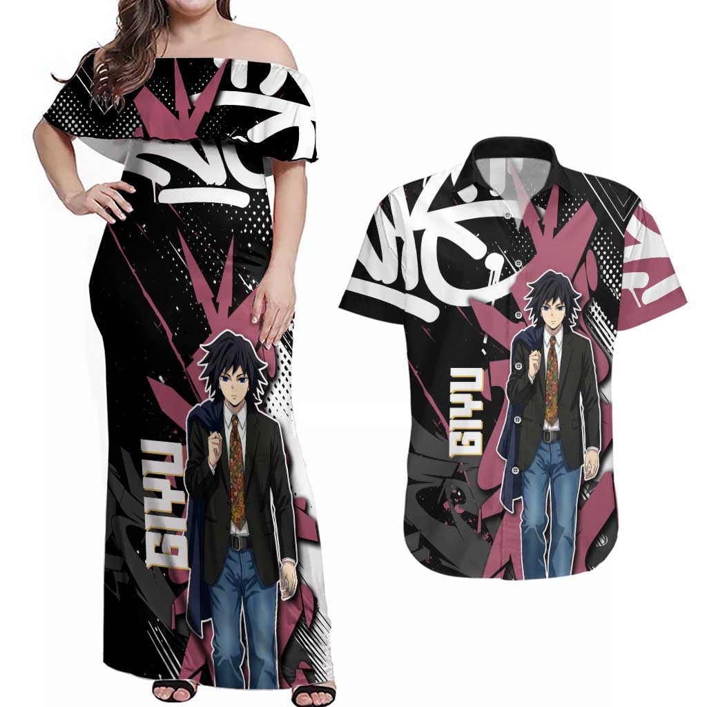 Giyu Tomioka Demon Slayer Couples Matching Off Shoulder Maxi Dress and Hawaiian Shirt Red & Black Graffiti Anime