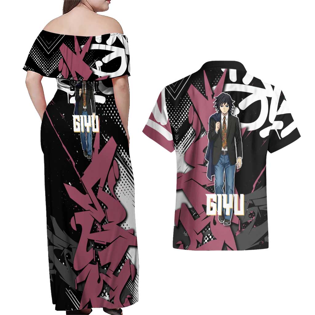 Giyu Tomioka Demon Slayer Couples Matching Off Shoulder Maxi Dress and Hawaiian Shirt Red & Black Graffiti Anime